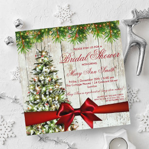 Christmas Bridal Shower Tree, Lights & Red Ribbon Invitation