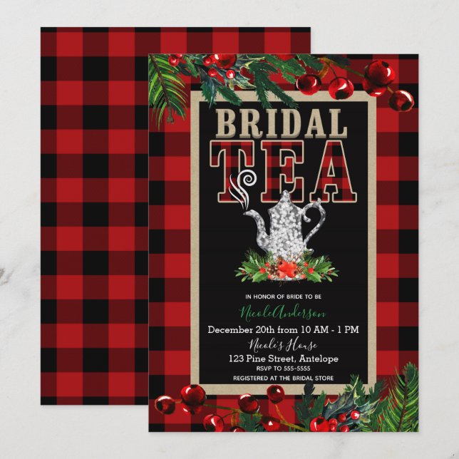 Christmas Bridal Tea Party Red Black Buffalo Plaid Invitation (Front/Back)