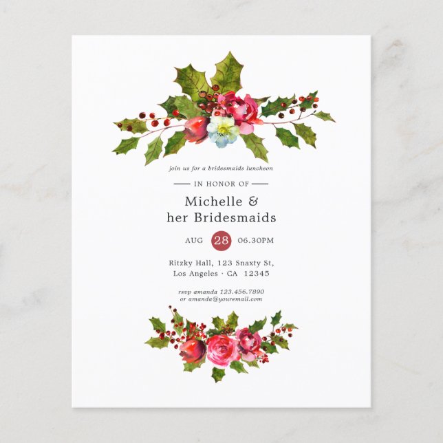 Christmas Bridesmaids Luncheon Holly Invitation Flyer (Front)