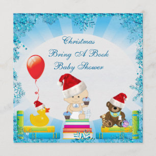 Christmas Bring a Book Baby Boy Blue Baby Shower Invitation