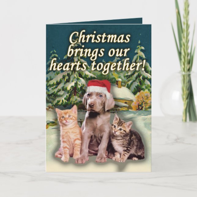Christmas Brings Our Hearts Together, Puppy Kitten Holiday Card (Front)