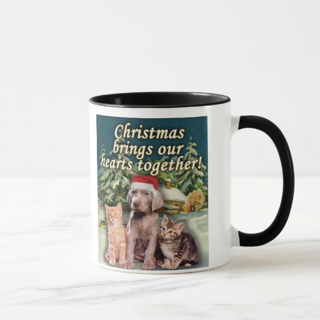 Christmas Brings Our Hearts Together Puppy Kitten Mug (Right)