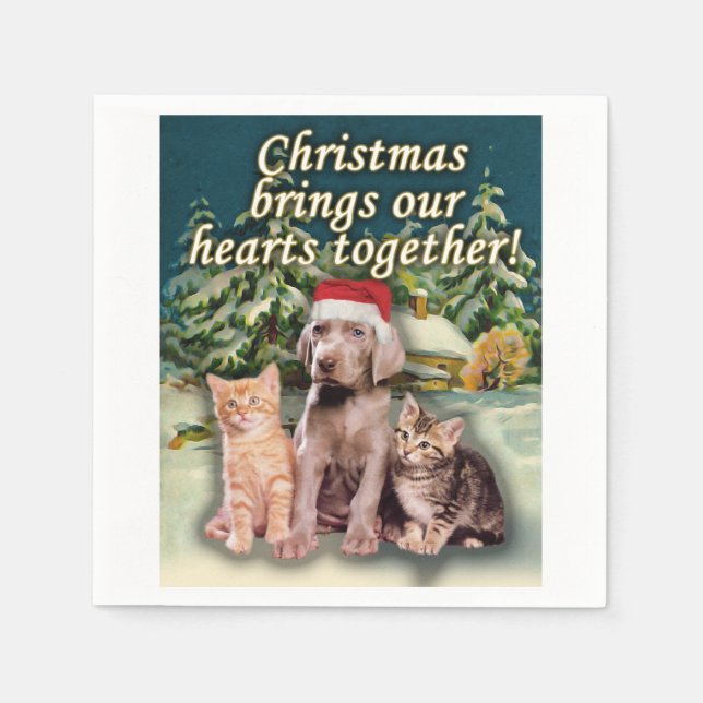 Christmas Brings Our Hearts Together Puppy Kitten Napkin (Front)