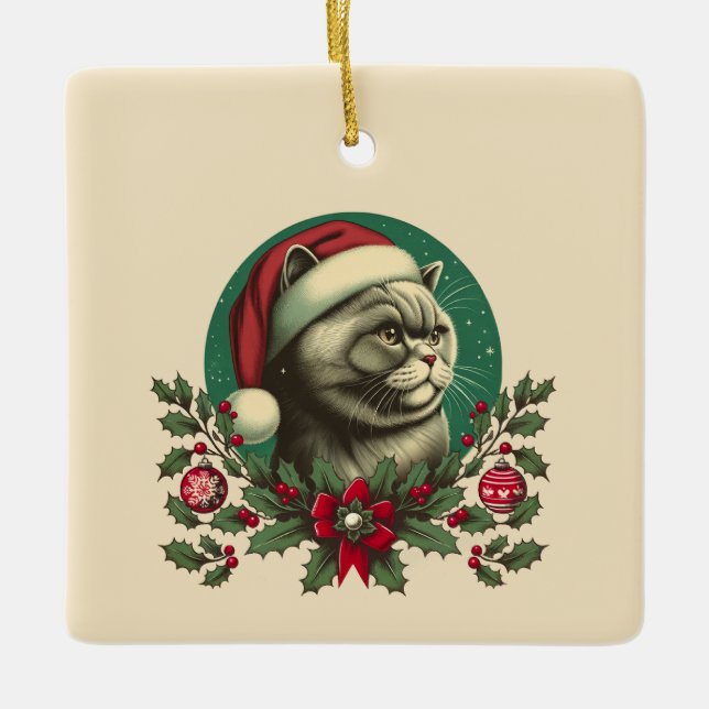 Christmas British Short Hair Cat Ceramic Ornament (Front)