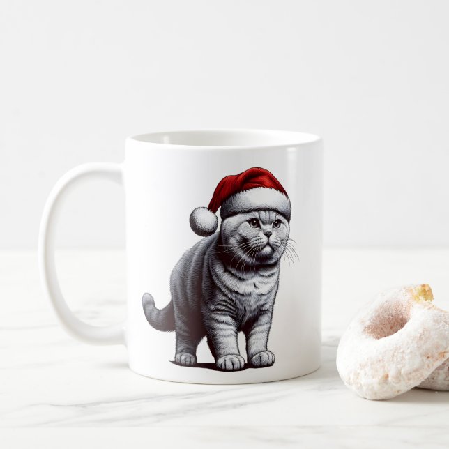 Christmas British shorthair Cat, Xmas Santa Kitten Coffee Mug (With Donut)