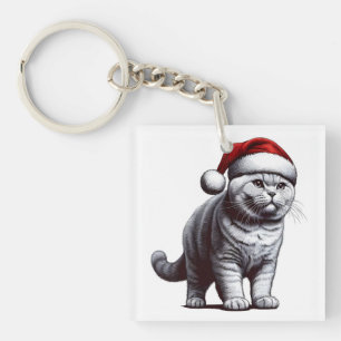 Christmas British shorthair Cat, Xmas Santa Kitten Key Ring