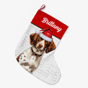 Christmas Brittany Dog with Name Woof Background Large Christmas Stocking