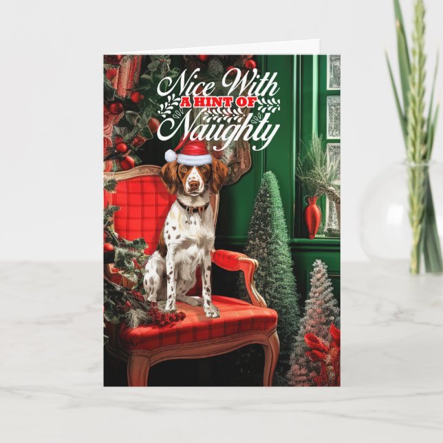 Christmas Brittany Spaniel Dog Naughty or Nice Holiday Card (Front)