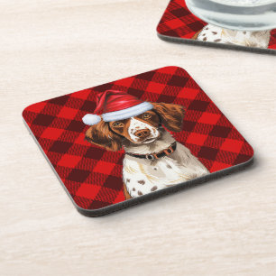 Christmas Brittany Spaniel Dog Red Plaid Holiday Coaster