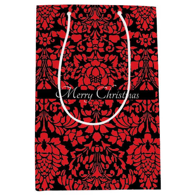 Christmas Brocade Dark Red with Text Band Medium Gift Bag (Front)