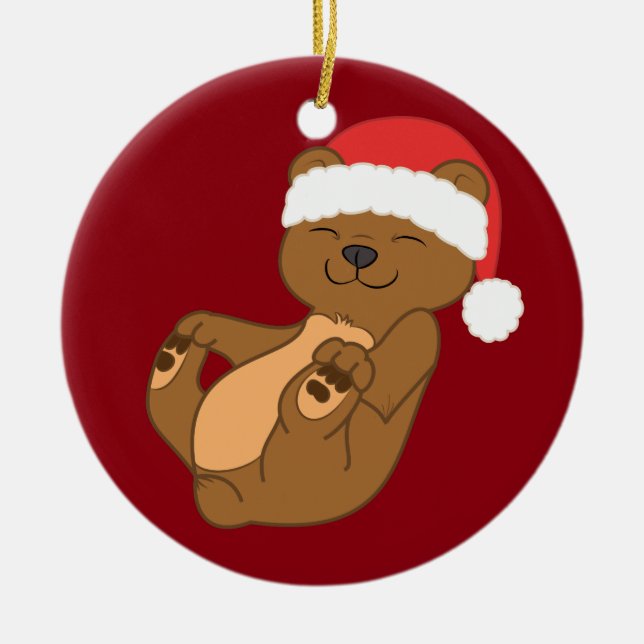Christmas Brown Bear with Red Santa Hat Ceramic Tree Decoration (Front)