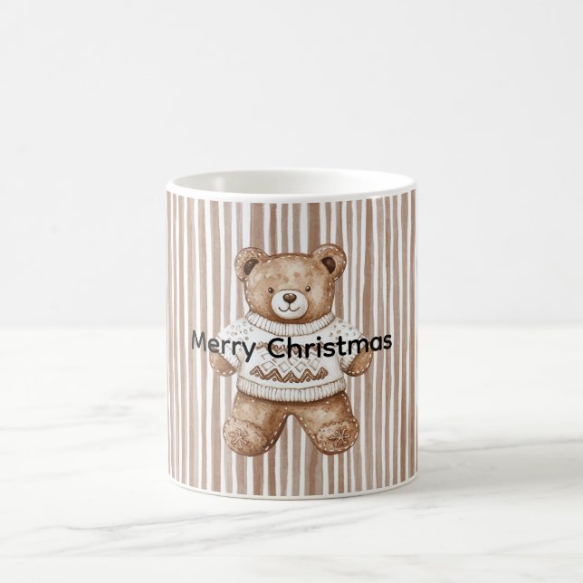 Christmas Brown Cream Teddy Bear Stripes Coffee Mug (Center)