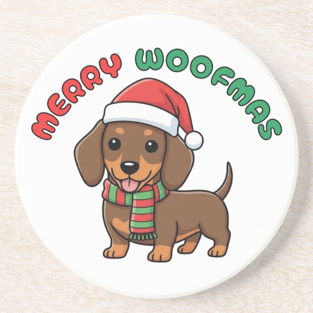 Christmas Brown Dachshund Coaster: Merry Woofmas Coaster (Front)