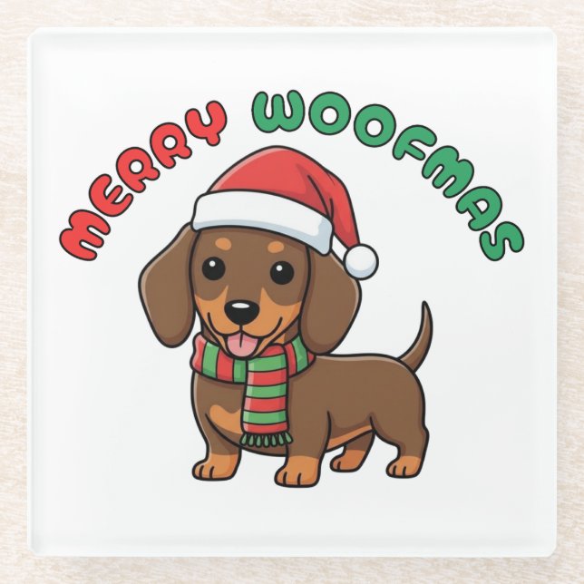 Christmas Brown Dachshund Coaster: Merry Woofmas Glass Coaster (Front)