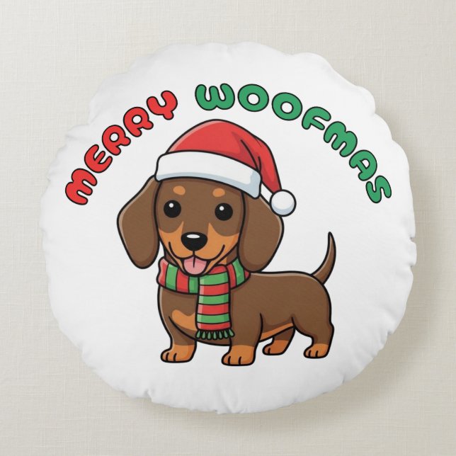 Christmas Brown Dachshund: Merry Woofmas Round Cushion (Front)
