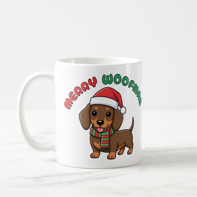 Christmas Brown Dachshund Mug: Merry Woofmas Coffee Mug (Left)