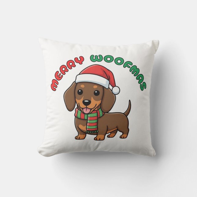 Christmas Brown Dachshund Pillow: Merry Woofmas Cushion (Front)