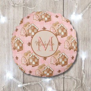 Christmas Brown Gingerbread House Pink Plaid Trees Round Cushion