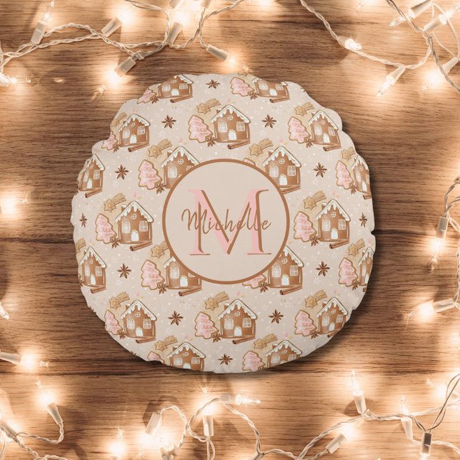 Christmas Brown Gingerbread House Pink Trees Round Cushion (Creator Uploaded)