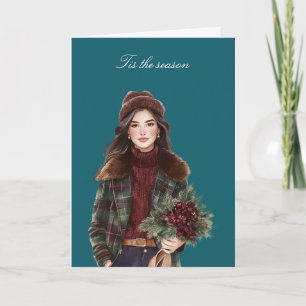 Christmas Brown Hair Girl with Flowers Card