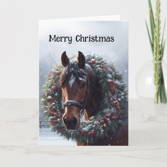  Christmas Brown Horse Wreath  Card (Front)