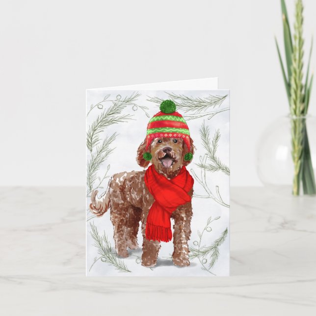 Christmas Brown Labradoodle and Botanical Pines Holiday Card (Front)