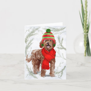 Christmas Brown Labradoodle and Botanical Pines Holiday Card