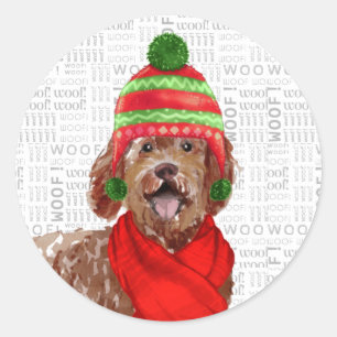 Christmas Brown Labradoodle and Woof Art Dog Lover Classic Round Sticker