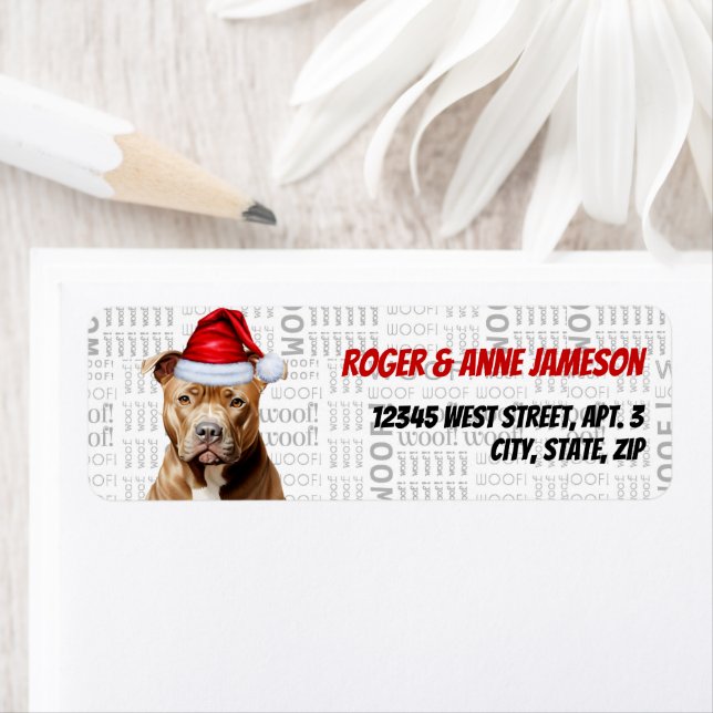 Christmas Brown Pitbull Dog Return Address (Insitu)