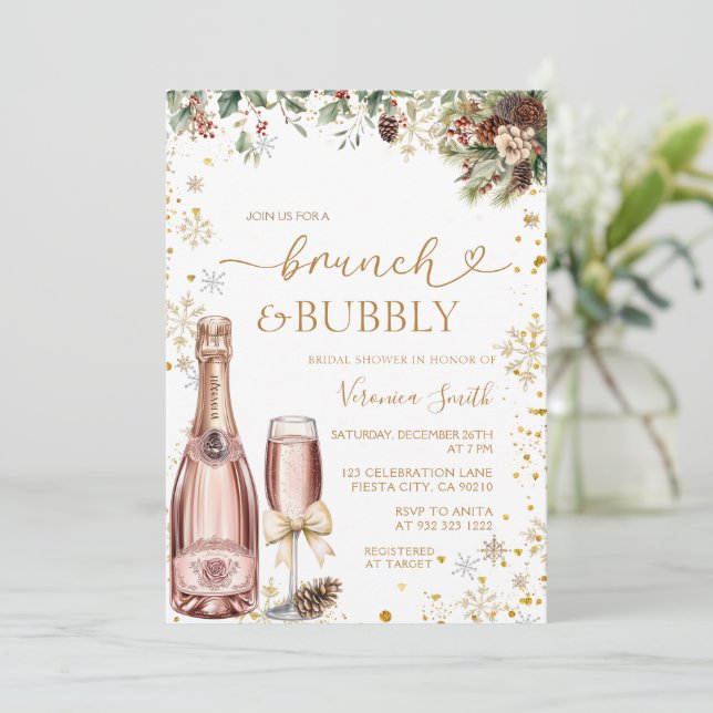 Christmas Brunch & Bubbly Champagne Bridal Shower  Invitation (Standing Front)