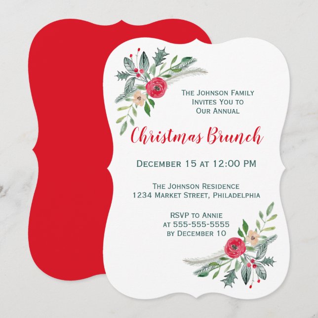 Christmas Brunch Event Winter Florals & Holly Invitation (Front/Back)