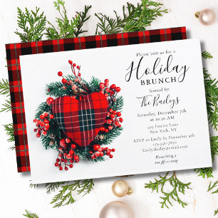 Christmas Brunch Red Tartan Heart Evergreen Invitation