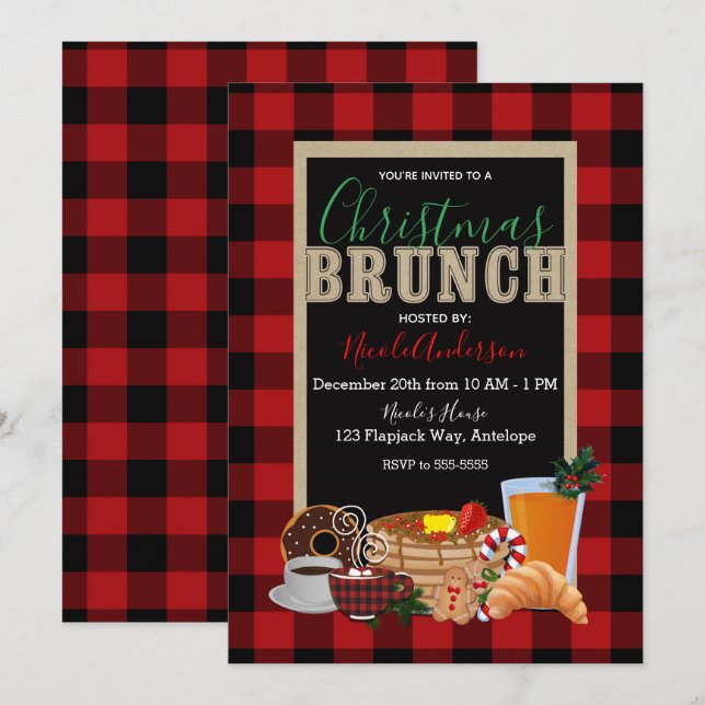 Christmas Brunch Rustic Red Black Buffalo Plaid Invitation (Front/Back)