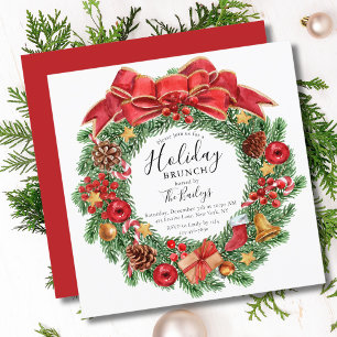 Christmas Brunch Watercolor Floral Wreath Invitation