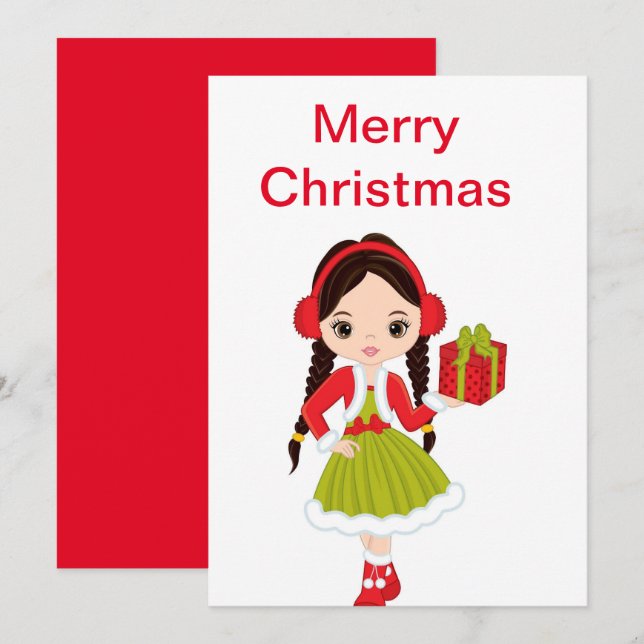 Christmas Brunette Doll  with A Gift Holiday Card (Front/Back)