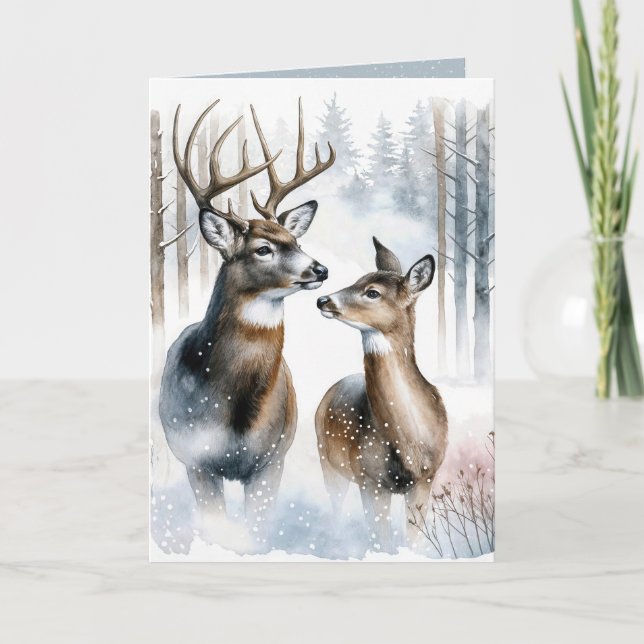 Christmas Buck and Doe Watercolor Holiday Card (Front)