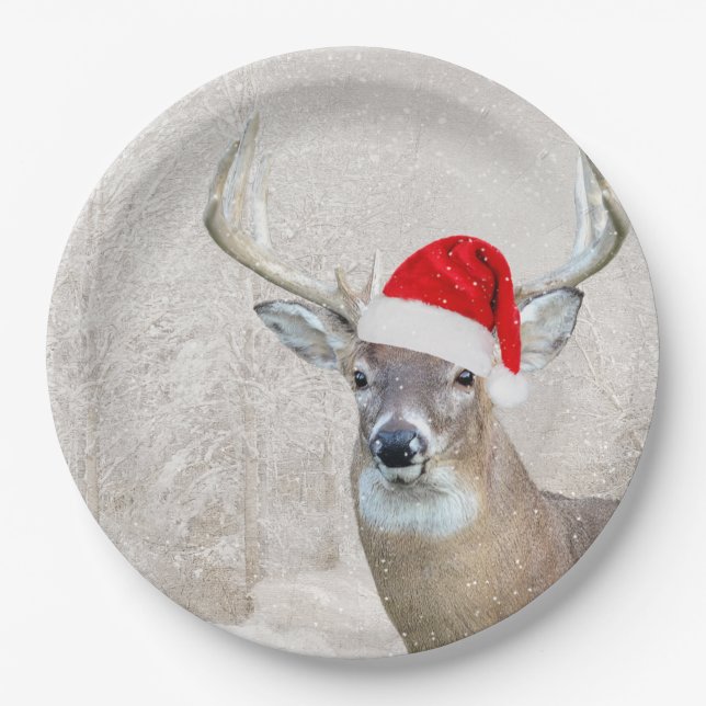 Christmas Buck Deer with Santa Hat  Paper Plate (Front)