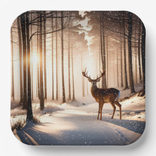Christmas Buck In Winter Forest Paper Plate