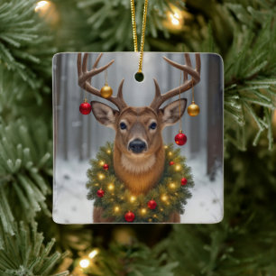 Christmas Buck Wearing a Glowing Wreath Ceramic Ornament