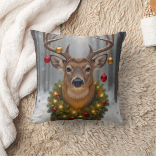 Christmas Buck Wearing a Glowing Wreath Cushion