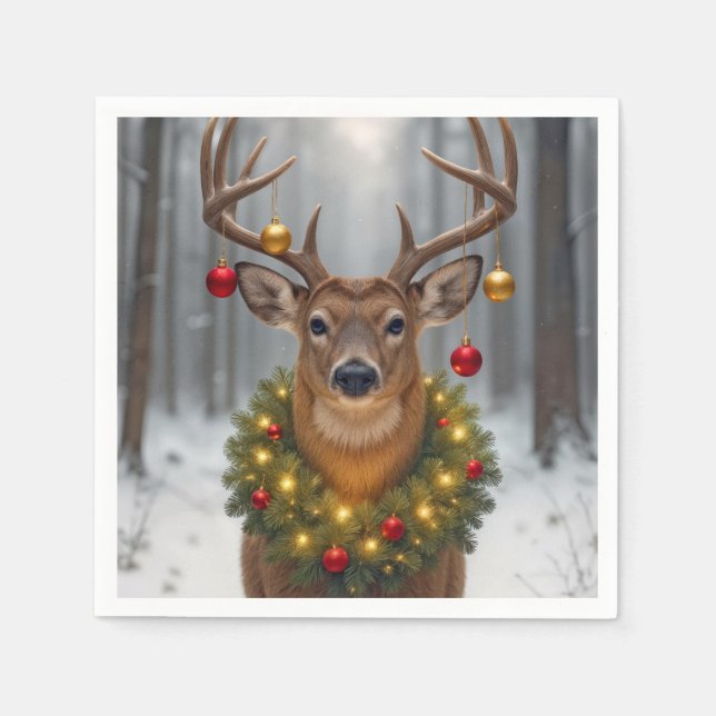 Christmas Buck Wearing a Glowing Wreath Napkin (Front)