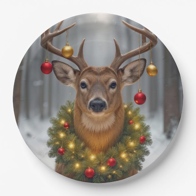 Christmas Buck Wearing a Glowing Wreath Paper Plate (Front)