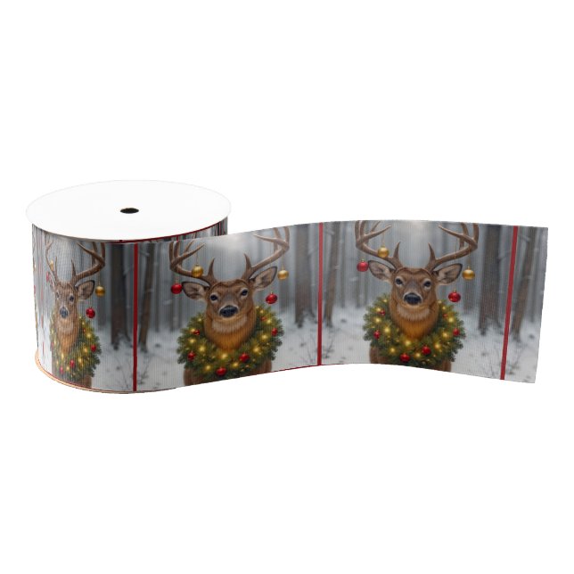 Christmas Buck Wearing a Wreath Grosgrain Ribbon (Spool)