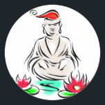 Christmas Buddha drawing Classic Round Sticker<br><div class="desc">A hilarious Buddha drawing... in a Santa hat!  Buddhists have a good sense of humour,  so give this as your holiday cards,  button,  magnets... whatever you want! Add text,  change the background colour or leave it white,  as we have in some cases.</div>