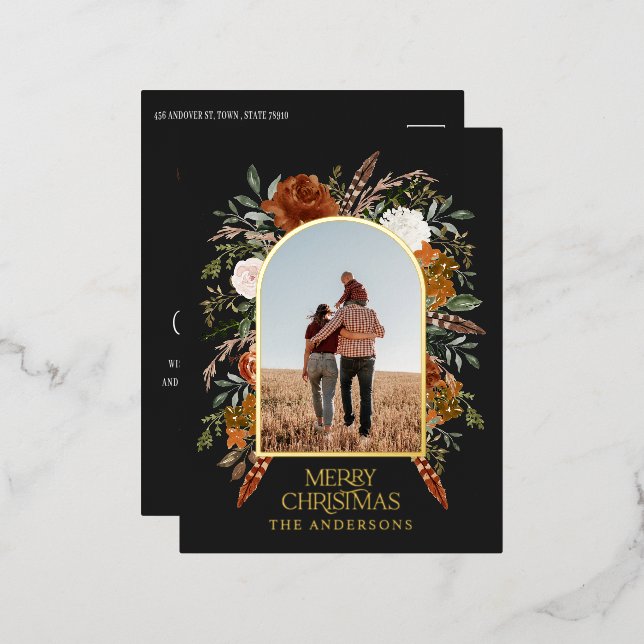 Christmas budget botanical elegant black rust foil holiday postcard (Front/Back)