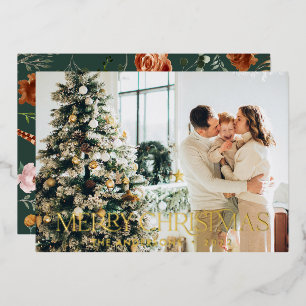 Christmas budget botanical elegant green floral foil holiday card