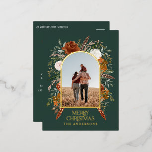 Christmas budget botanical elegant green rust foil holiday postcard
