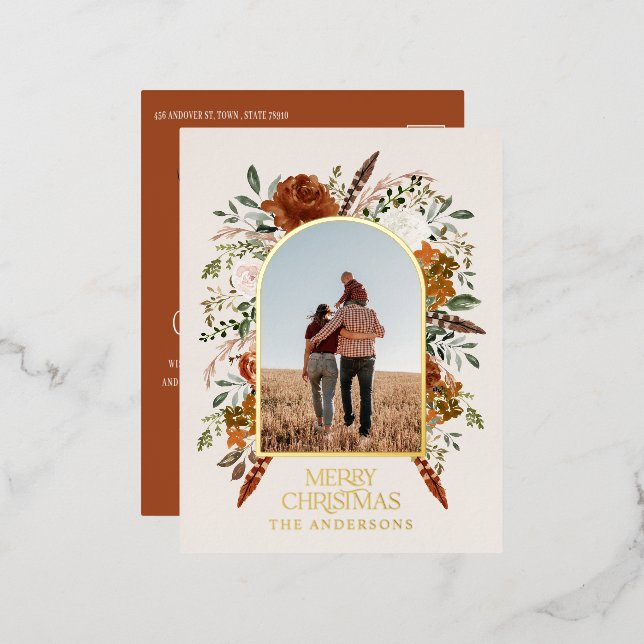 Christmas budget botanical elegant terracotta foil holiday postcard (Front/Back)