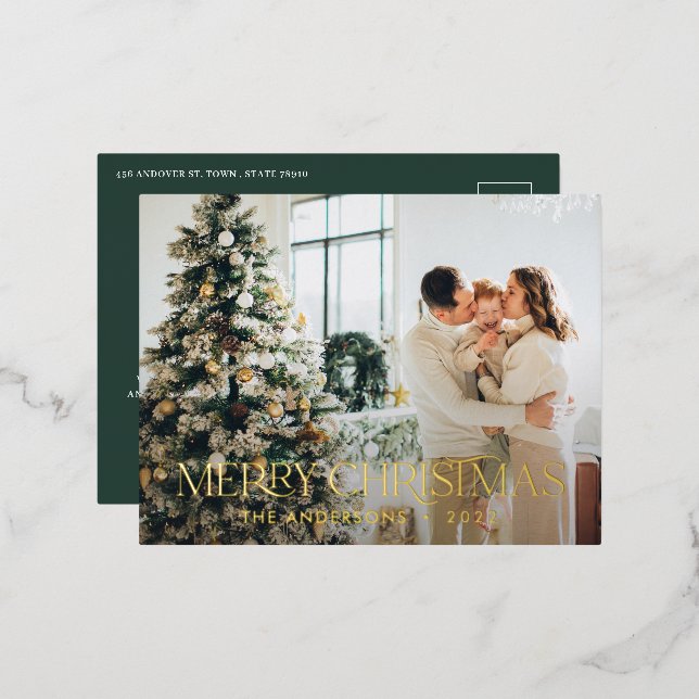 Christmas budget botanical green elegant floral foil holiday postcard (Front/Back)