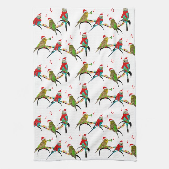 Christmas Budgie Frenzy Kitchen Towel (Vertical)